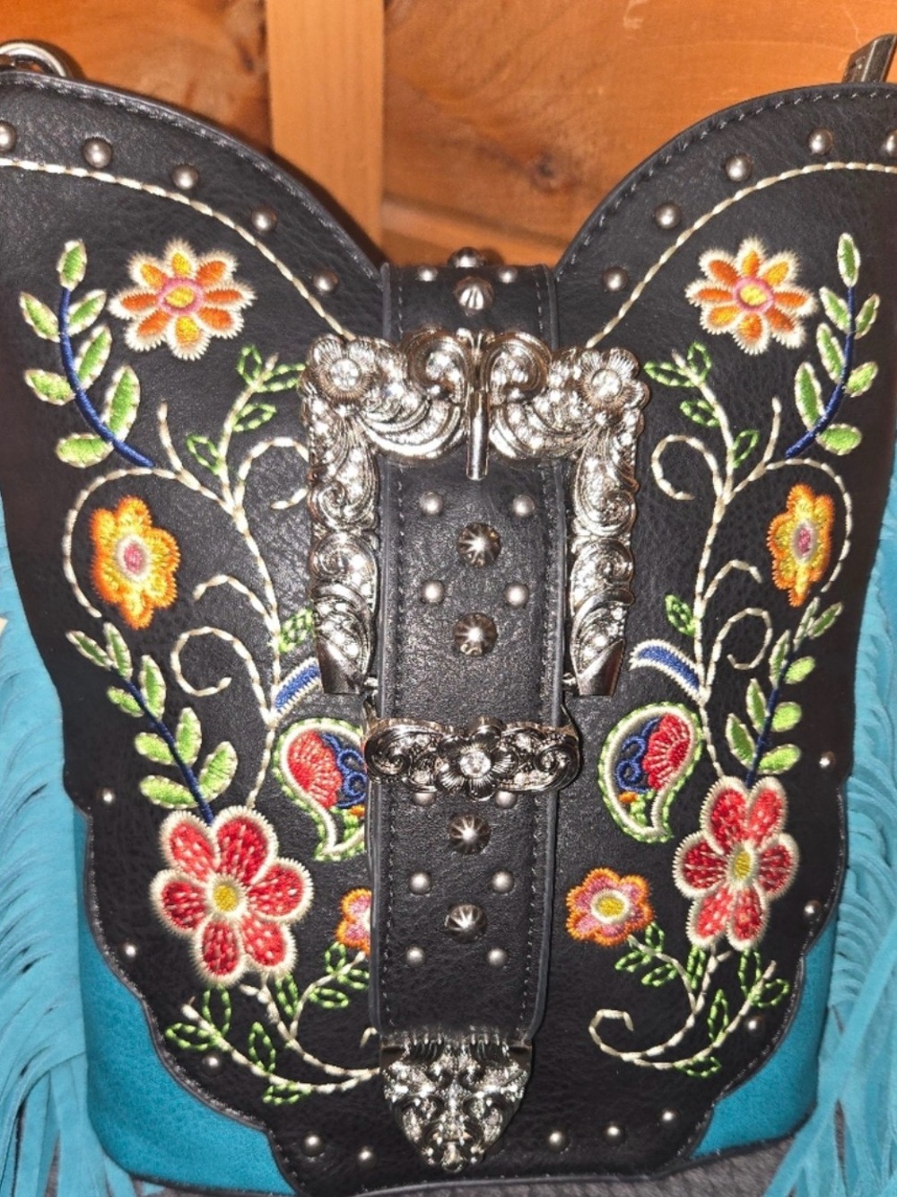 Montana West Black Embroidered Floral Handbag with Turquoise Fringe